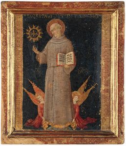Sano di Pietro, Attribuito a - San Bernardino da Siena sostenuto da due angeli