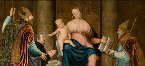 Scuola veneta del XVI secolo Sacra Conversazione con santi e ritratto di committente  - Asta Old Masters - Associazione Nazionale - Case d'Asta italiane