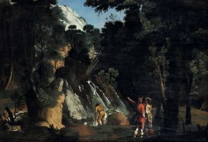 Pandolfo Reschi - Paesaggio con cascata e soldati