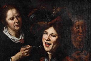 Scuola olandese del XVII secolo Scena di genere con giovane suonatore e donne  - Asta Old Masters - Associazione Nazionale - Case d'Asta italiane
