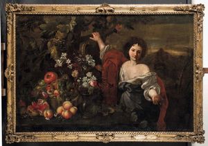 Abraham Brueghel - Figure femminili con composizioni di fiori e frutti
