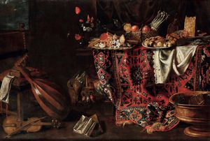 Giuseppe Recco - Natura in posa con composizione di frutti, bacile, tappeti e strumenti musicali