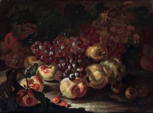 Giovanni Paolo Castelli detto Lo Spadino : Natura morta con uva, mele e ciliegie  - Asta Old Masters - Associazione Nazionale - Case d'Asta italiane