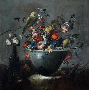 Maestro dei fiori guardeschi - Natura morta con composizione di fiori, vasellame e pappagallino