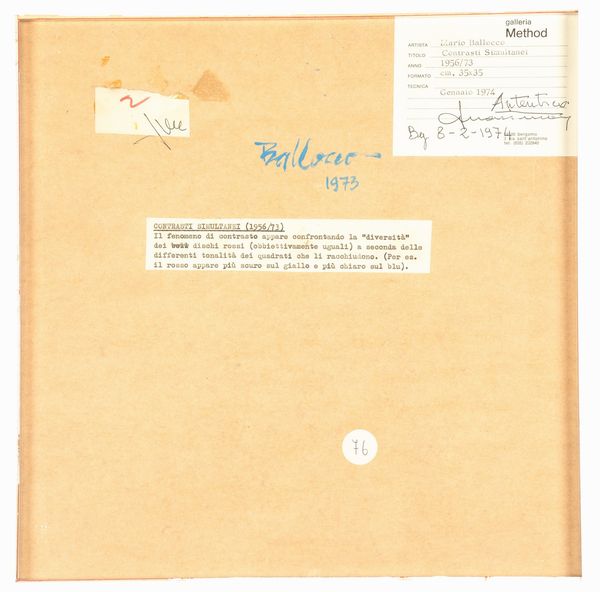 MARIO BALLOCCO : Contrasti simultanei  - Asta Arte Moderna e Contemporanea - Associazione Nazionale - Case d'Asta italiane