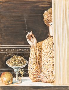 Giorgio de Chirico - Femme avec une sigarette, rideau et fruits