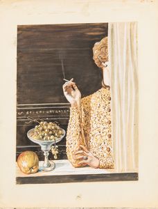 Giorgio de Chirico : Femme avec une sigarette, rideau et fruits  - Asta Arte Moderna e Contemporanea - Associazione Nazionale - Case d'Asta italiane