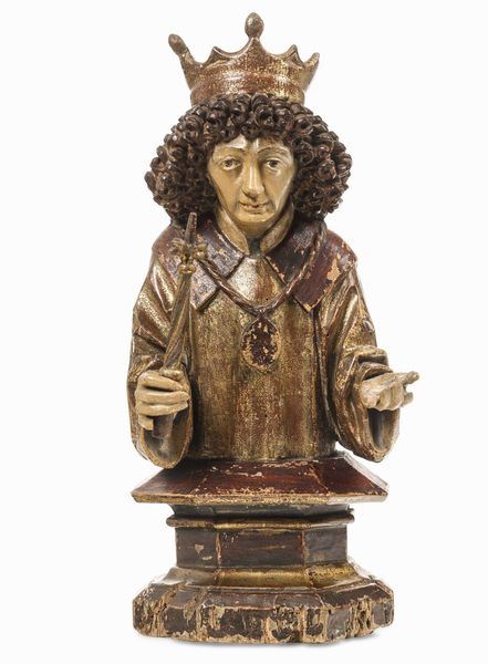 Santo coronato. Legno policromo e dorato. Austria o Tirolo XV-XVI secolo  - Asta Scultura e Oggetti d'Arte - Associazione Nazionale - Case d'Asta italiane