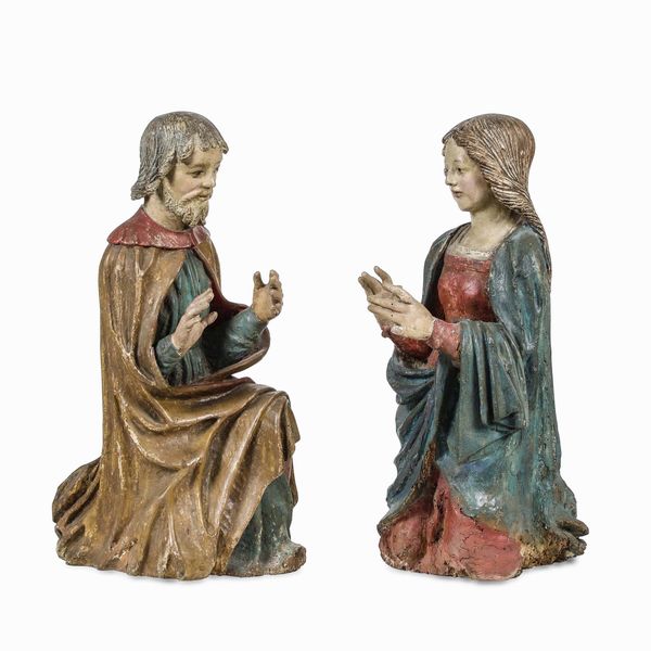 Madonna e San Giuseppe in adorazione. Due sculture in legno policromo. Arte marchigiana rinascimentale, XVI secolo  - Asta Scultura e Oggetti d'Arte - Associazione Nazionale - Case d'Asta italiane