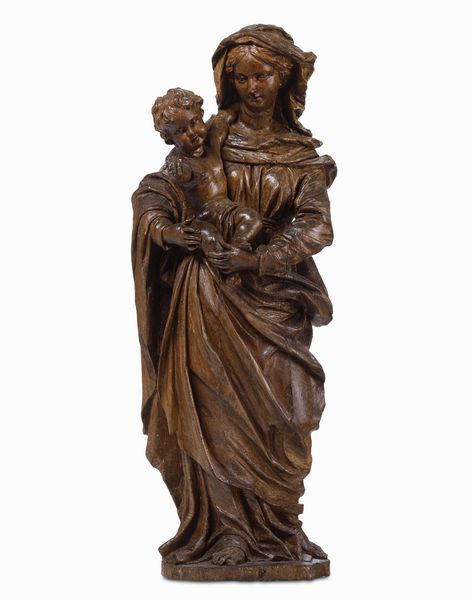 Madonna con Bambino. Legno scolpito (mancante della policromia). Scultore barocco genovese del XVII secolo prossimo a Domenico Parodi (Genova 1672 - 1742)  - Asta Scultura e Oggetti d'Arte - Associazione Nazionale - Case d'Asta italiane