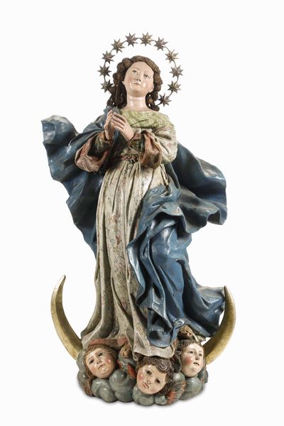 Immacolata. Legno scolpito, dipinto e dorato. Arte barocca dellItalia meridionale ambito di Gaetano Patalano (1655 - 1700 ca.)  - Asta Scultura e Oggetti d'Arte - Associazione Nazionale - Case d'Asta italiane