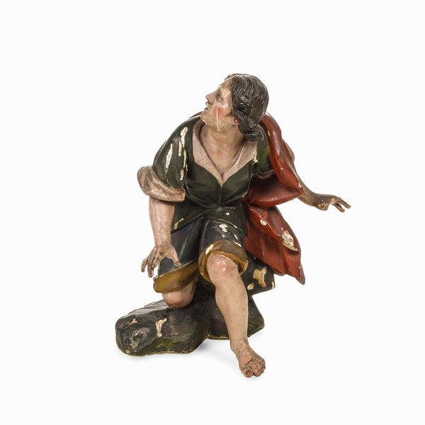 Giovane pastore. Legno intagliato e dipinto, occhi in vetro. Genova XVIII secolo  - Asta Scultura e Oggetti d'Arte - Associazione Nazionale - Case d'Asta italiane