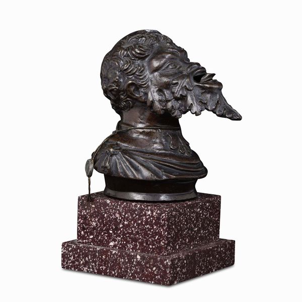 Testa di fauno con lingua mobile. Bronzo fuso e cesellato. Arte veneta del XVI secolo. Ambito di Andrea Briosco detto Riccio (Padova 1470-1532)  - Asta Scultura e Oggetti d'Arte - Associazione Nazionale - Case d'Asta italiane