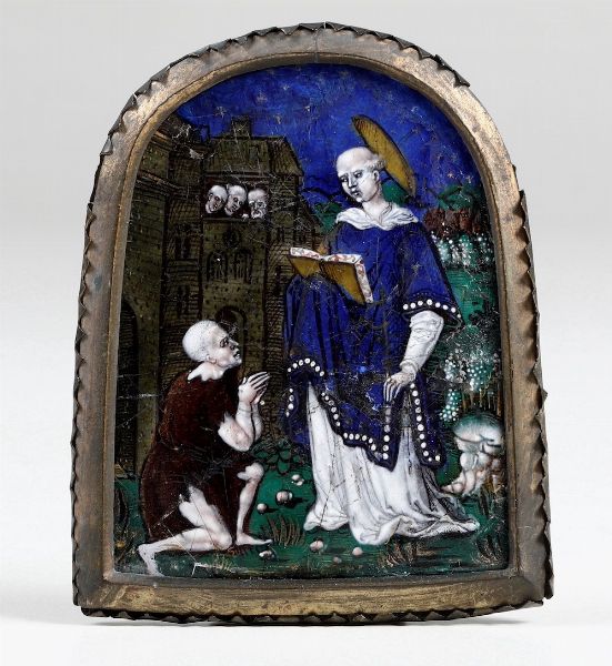 S. Leonard de Noblac e un prigioniero. Placca in rame e smalti policromi. Limoges XVI-XVII secolo  - Asta Scultura e Oggetti d'Arte - Associazione Nazionale - Case d'Asta italiane