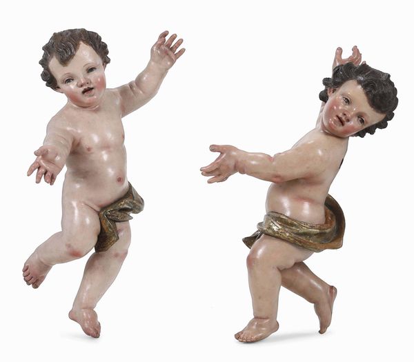 Coppia di putti. Legno intagliato e laccato. Scultore genovese del XVIII secolo  - Asta Scultura e Oggetti d'Arte - Associazione Nazionale - Case d'Asta italiane