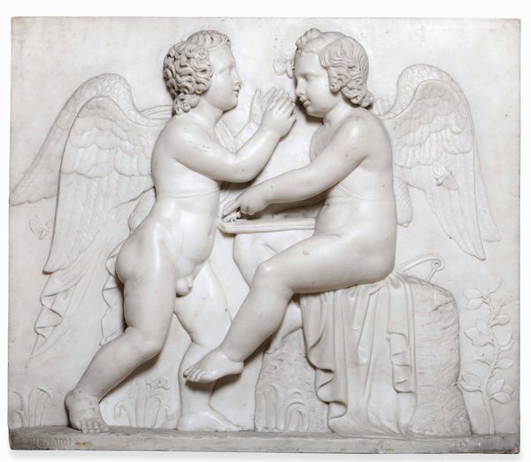 Eros e Anteros. Rilievo in marmo bianco. Firmato Bienaim�. Probabilmente Luigi Bienaim� (Carrara 1795-1878)  - Asta Scultura e Oggetti d'Arte - Associazione Nazionale - Case d'Asta italiane