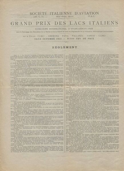 1913, Circuito dei Laghi Italiani, Regolamento e modulo di iscrizione in lingua francese di 4 pagine  - Asta Filatelia e Storia Postale - Associazione Nazionale - Case d'Asta italiane