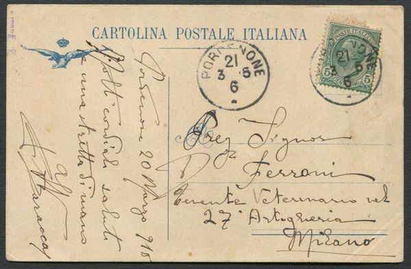 1915, Cartolina Battaglione Aviatori da Pordenone per Milano del 21 marzo 1915  - Asta Filatelia e Storia Postale - Associazione Nazionale - Case d'Asta italiane