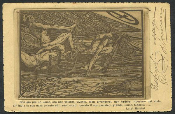 1916, Lega Aerea Nazionale, cartolina non viaggiata, illustrata da Mario Broggi  - Asta Filatelia e Storia Postale - Associazione Nazionale - Case d'Asta italiane