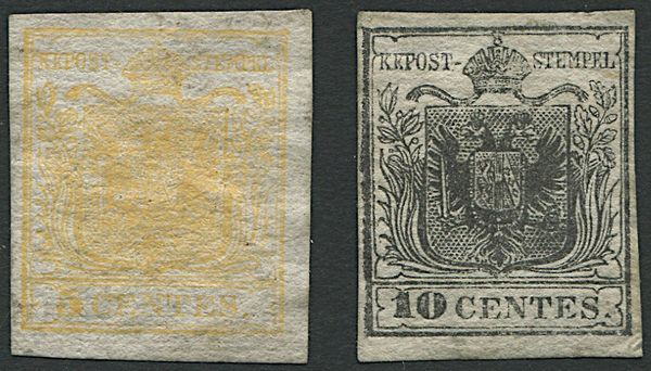1850, Lombardo Veneto, 5 cent. giallo arancio chiaro e 10 cent. nero (S. 1e, 2).  - Asta Filatelia e Storia Postale - Associazione Nazionale - Case d'Asta italiane
