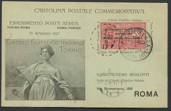 1917, Sei cartoline postali recanti il primo francobollo di posta aerea (S. 1)  - Asta Filatelia e Storia Postale - Associazione Nazionale - Case d'Asta italiane