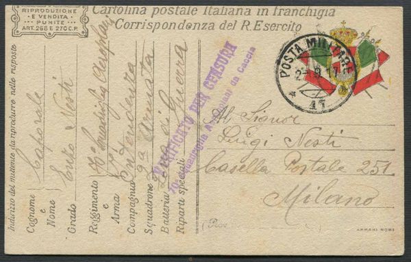 1917, Due cartoline di Posta Militare (P.M. 17), una col bollo Verificato per Censura/70 Squadriglia Aeroplani  - Asta Filatelia e Storia Postale - Associazione Nazionale - Case d'Asta italiane