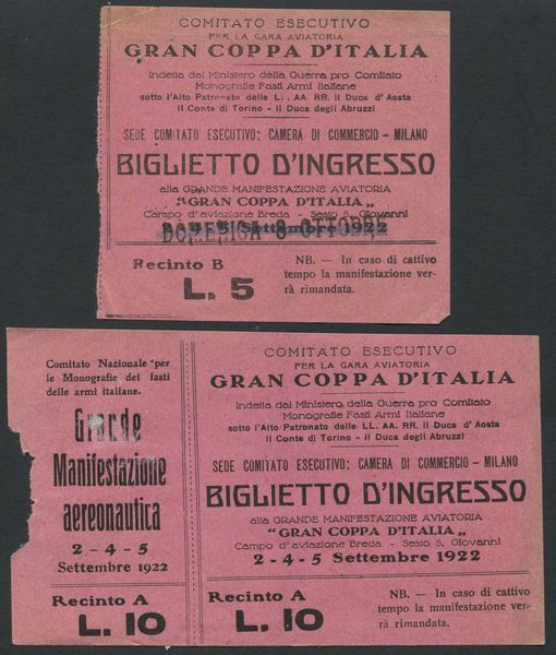 1922, Milano, Gran Coppa d'Italia per aeroplani, due biglietti d'ingresso  - Asta Filatelia e Storia Postale - Associazione Nazionale - Case d'Asta italiane