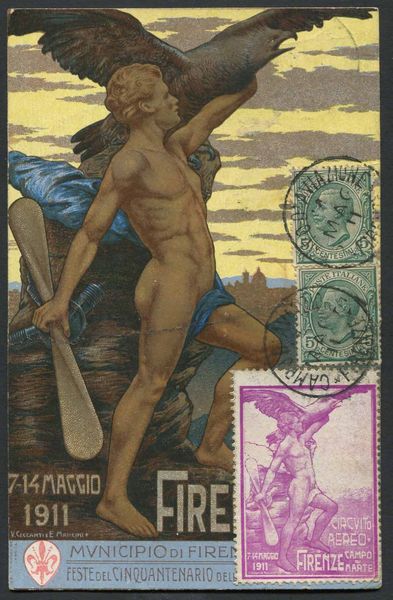1911, Firenze, Gare di Aviazione (7/14 maggio), cartolina policroma di Ceccanti e Mancini  - Asta Filatelia e Storia Postale - Associazione Nazionale - Case d'Asta italiane