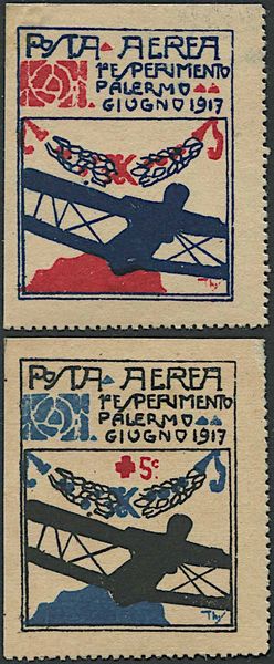 1917, Volo postale Palermo - Napoli, due serie di vignette emesse dal Circolo Filatelico di Palermo  - Asta Filatelia e Storia Postale - Associazione Nazionale - Case d'Asta italiane