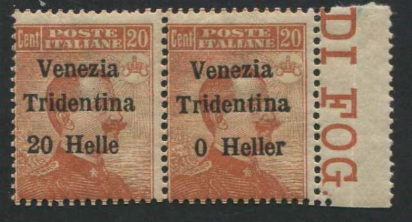 1918, Trentino-Alto Adige, 20h su 20c. sovrastampato Venezia Tridentina (2) o Heller.  - Asta Filatelia e Storia Postale - Associazione Nazionale - Case d'Asta italiane