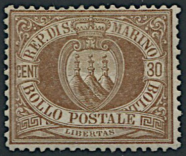 1877, San Marino, 30 cent. bruno (S. 6),  - Asta Filatelia e Storia Postale - Associazione Nazionale - Case d'Asta italiane