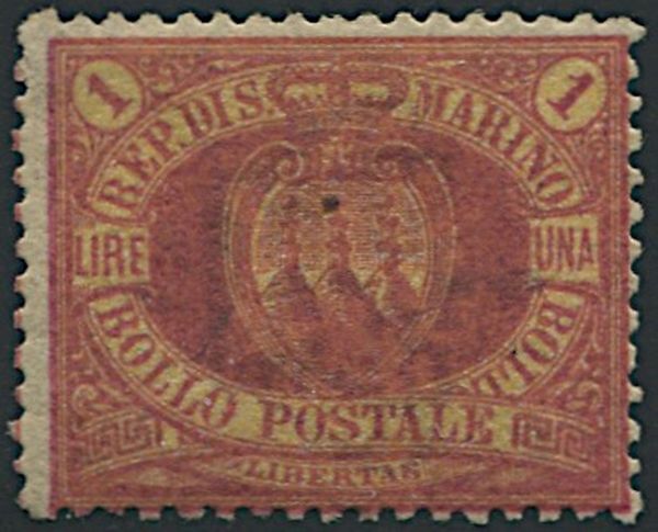 1892, San Marino, 1 lira carminio su giallo (S. 20)  - Asta Filatelia e Storia Postale - Associazione Nazionale - Case d'Asta italiane