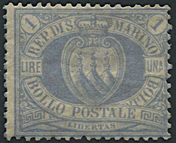 1894, San Marino, 1 lira oltremare (S. 31)  - Asta Filatelia e Storia Postale - Associazione Nazionale - Case d'Asta italiane