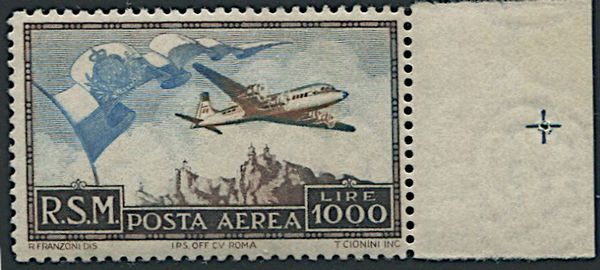 1951, San Marino, Bandierone, lire 1000 (S.99)  - Asta Filatelia e Storia Postale - Associazione Nazionale - Case d'Asta italiane