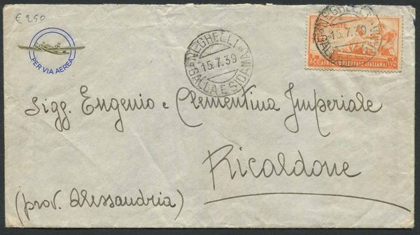 1939, Neghelli (Galla e Sidama), busta via aerea per Ricaldone (Al).  - Asta Filatelia e Storia Postale - Associazione Nazionale - Case d'Asta italiane