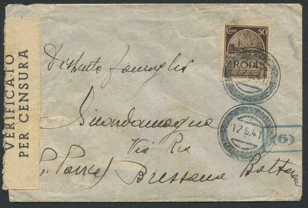 1941, Isole dell'Egeo, busta per Bressana e Bottarone (PV)  - Asta Filatelia e Storia Postale - Associazione Nazionale - Case d'Asta italiane