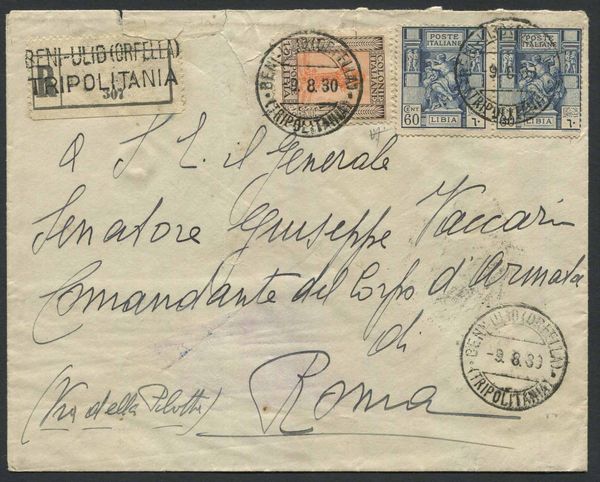 1930, Beni Ulid (Tripolitania), raccomandata per Roma del 9.8.1930.  - Asta Filatelia e Storia Postale - Associazione Nazionale - Case d'Asta italiane