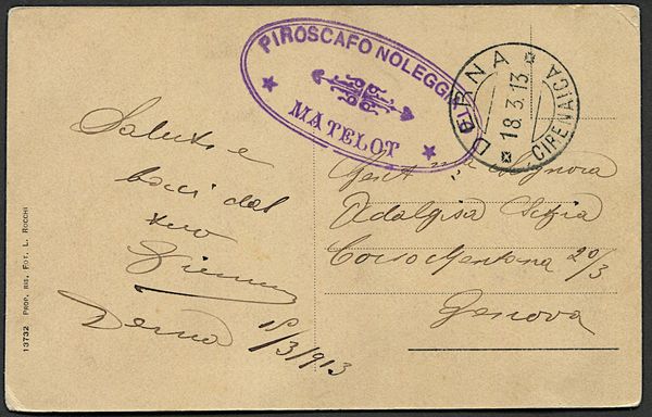 1912/13, due cartoline della Guerra Italo-Turca: una da Stampalia del 5 ottobre 1912 per Genova,  - Asta Filatelia e Storia Postale - Associazione Nazionale - Case d'Asta italiane