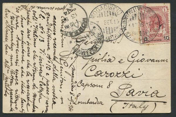 1914, Cartolina fotografica da Mogadiscio (Somalia) per Pavia del 7 settembre.  - Asta Filatelia e Storia Postale - Associazione Nazionale - Case d'Asta italiane