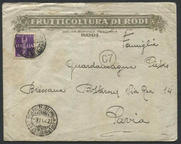 1942, Villanova (Rodi-Egeo), busta per Pavia del 9 novembre.  - Asta Filatelia e Storia Postale - Associazione Nazionale - Case d'Asta italiane