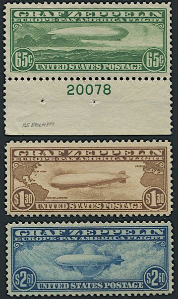 1930, Stati Uniti, P.A. Zeppelin, serie di tre valori (Yv. 13/15)  - Asta Filatelia e Storia Postale - Associazione Nazionale - Case d'Asta italiane