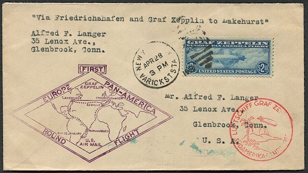 1930, Stati Uniti, P.A. Zeppelin, i tre valori emessi  - Asta Filatelia e Storia Postale - Associazione Nazionale - Case d'Asta italiane