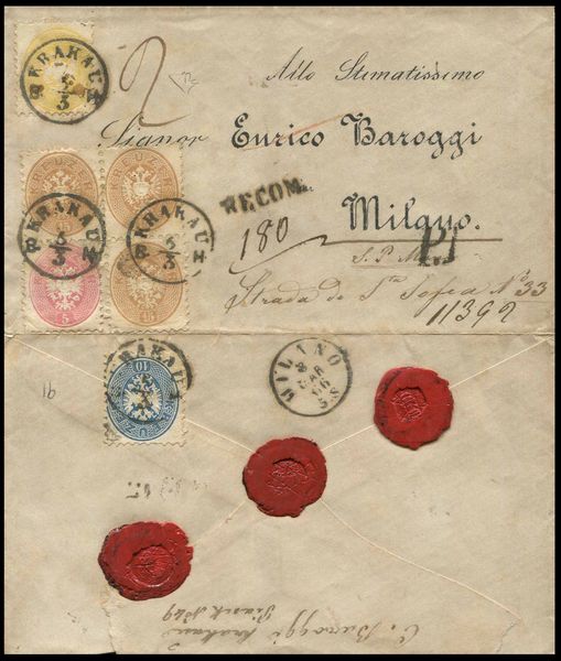 1866, Austria, raccomandata doppio porto da Cracovia (Polonia) per Milano del 5 marzo 1866  - Asta Filatelia e Storia Postale - Associazione Nazionale - Case d'Asta italiane