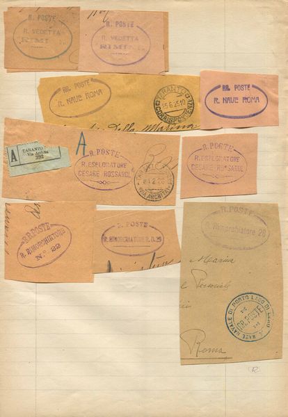 1915/1940, Marina Militare, Centinaia di frammenti recanti bolli di navi militari, quasi tutti diversi  - Asta Filatelia e Storia Postale - Associazione Nazionale - Case d'Asta italiane