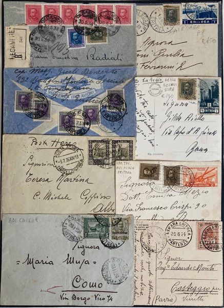 1911/1942, Colonie Italiane, raccolta di 135 buste o lettere, 102 cartoline, 3 telegrammi, 6 ricevute vaglia e 4 frammenti.  - Asta Filatelia e Storia Postale - Associazione Nazionale - Case d'Asta italiane