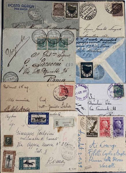 1911/1942, Colonie Italiane, raccolta di 135 buste o lettere, 102 cartoline, 3 telegrammi, 6 ricevute vaglia e 4 frammenti.  - Asta Filatelia e Storia Postale - Associazione Nazionale - Case d'Asta italiane