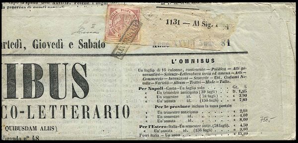 1860, Regno di Napoli, giornale completo lOmnibus da Napoli, del 22 settembre 1860  - Asta Filatelia e Storia Postale - Associazione Nazionale - Case d'Asta italiane