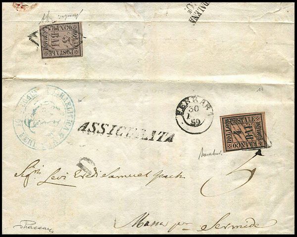 1859, Romagne, raccomandata da Ferrara per Sermide (Oltrep�) via Massa del 30 dicembre 1859  - Asta Filatelia e Storia Postale - Associazione Nazionale - Case d'Asta italiane