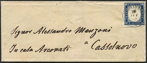 1857, lettera da Belgirate (Verbano) per Cassolnovo  (PV) del 25 giugno 1857, indirizzata ad Alessandro Manzoni  - Asta Filatelia e Storia Postale - Associazione Nazionale - Case d'Asta italiane