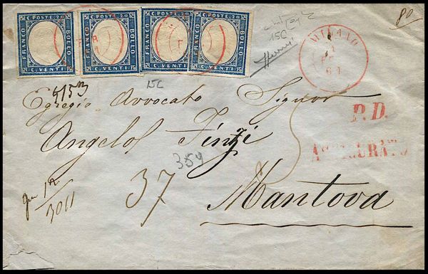 1861, Sardegna, assicurata da Milano per Mantova del 1� febbraio 1861  - Asta Filatelia e Storia Postale - Associazione Nazionale - Case d'Asta italiane